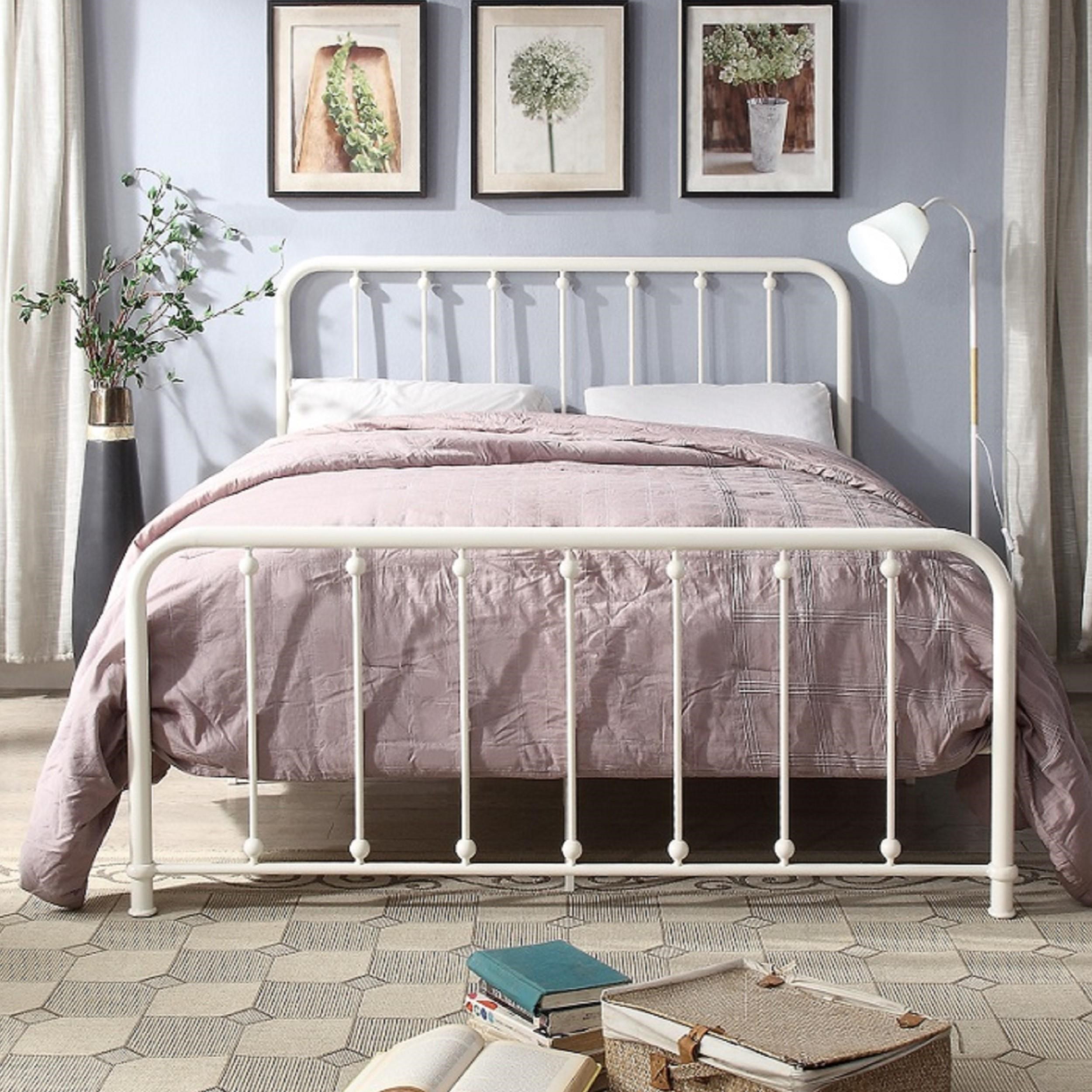 White metal bed frame queen top